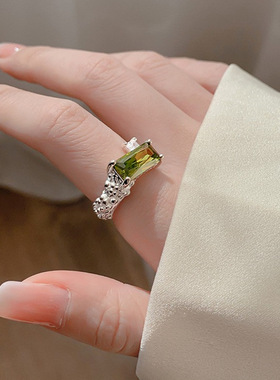 S925镀银韩版镀银个性闪亮方形戒指女矩形时尚几何不规则开口指环