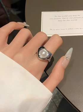 【两件包邮】ins风仿珍珠爱心戒指女网红个性时尚百搭开口指环创