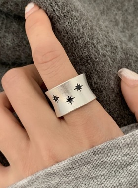 【两件包邮】复古星星戒指女简约几何宽边黑色星芒S925镀银开口指