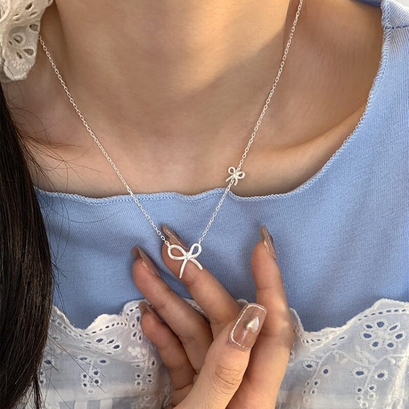 S925镀银甜美简约双蝴蝶结项链女冷淡风时尚气质百搭个性锁骨链小