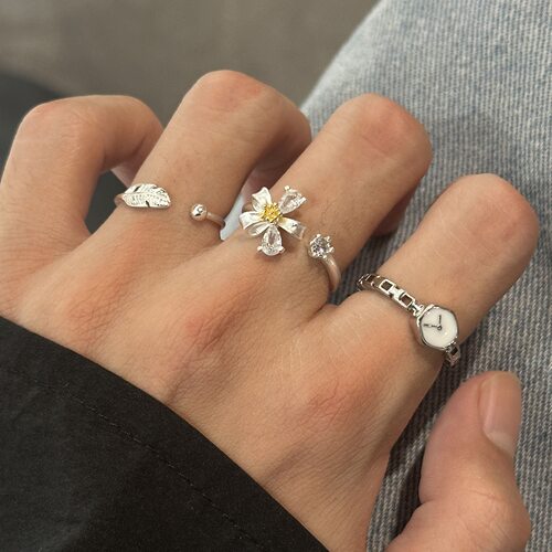 S925银甜酷花朵戒指女简约羽毛气质手表百搭叠戴开口指环个性网红