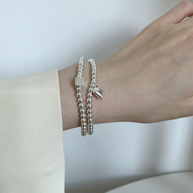 S925镀银韩版镀银几何圆珠手链女复古时尚叠戴气质爱心手环弹力手