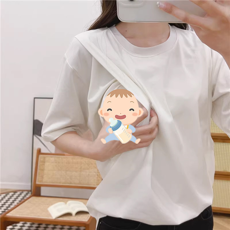 纯棉薄款哺乳上衣外出辣妈款短袖T恤夏季半袖潮妈喂奶期衣服夏装