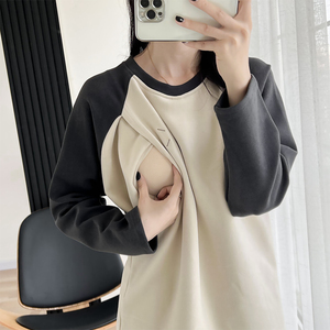 产后哺乳上衣外出辣妈款加绒卫衣T恤打底衫秋冬装潮妈喂奶期衣服