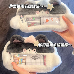 毛绒瞌睡猫笔袋可爱小猫咪痛包高颜值透明可视大容量文具袋学生女