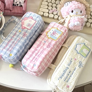 小房子格纹手提笔袋日系ins风高颜值学生文具盒大容量铅笔文具袋