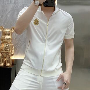 高端外套2026夏季短袖T恤男士大码休闲潮流帅气立领拉链开衫夹克