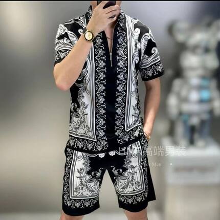 夏季新款高级欧货轻奢男士短袖短裤全套时尚经典复古风满花套装男
