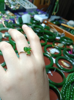 和田玉碧玉俄碧老坑料果阳绿18K黄金加厚金镶玉葫芦戒指