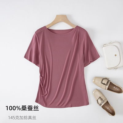 100%桑蚕丝加捻真丝女薄短袖T恤