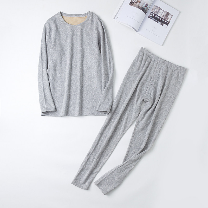 纯色圆领男士桑蚕丝拉绒修身保暖内衣套装秋冬真丝居家服秋衣秋裤