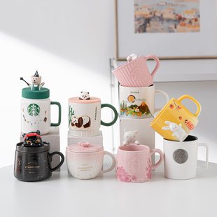 马克杯单杯星巴克卡通动物陶瓷杯带盖把手水杯高颜值办公家用杯子