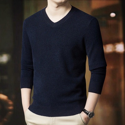 羊毛打底衫内搭男士V领 黑色灰爸爸中青老年新款秋冬加厚针织毛衣