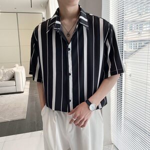 新款条纹男冰丝速干轻熟店主风痞帅短袖衬衫大码C613P40控58