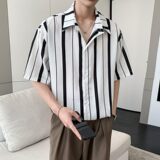 新款条纹男冰丝速干轻熟店主风痞帅短袖衬衫大码C613P40控58，男装T恤，电商A029
