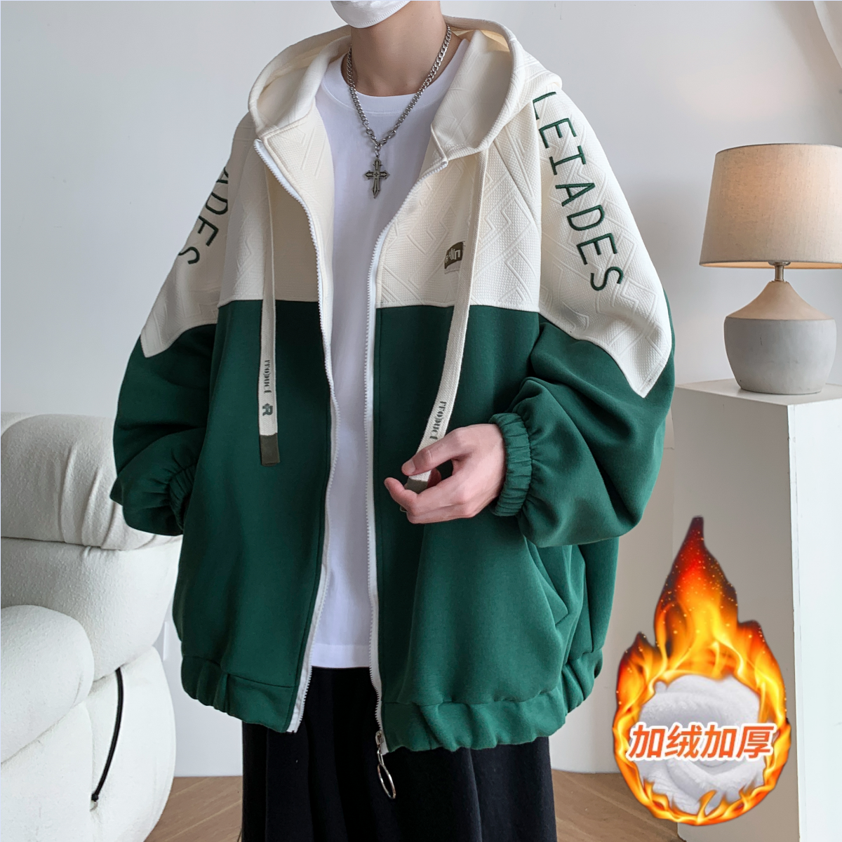 加绒加厚撞色绣花大码港风拼接卫衣时尚外套男V906JMP80,女装短外套,电商A029