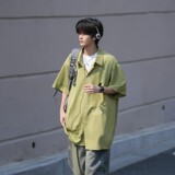早起风格冰丝二开港风大码纯色短袖衬衫白衬衣男C655P35控48，男装T恤，电商A029