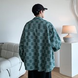 内景牛仔风港风大码宽松印花格子长袖衬衫衬衣男C623P60控88，男装衬衫，电商A029