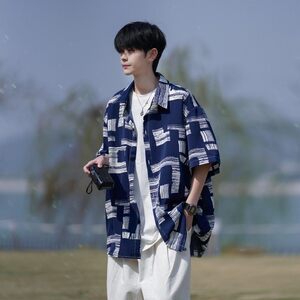 夏季相机片港风大码外景短袖衬衫花衬衣条纹衬衫 C609 P40 控58图片