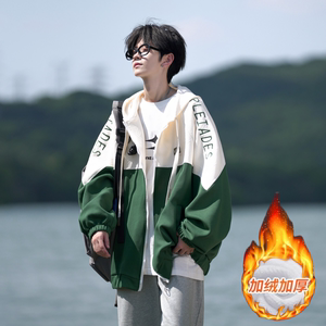 相机片加绒加厚撞色绣花大码港风拼接卫衣时尚外套男 V906JM P80图片