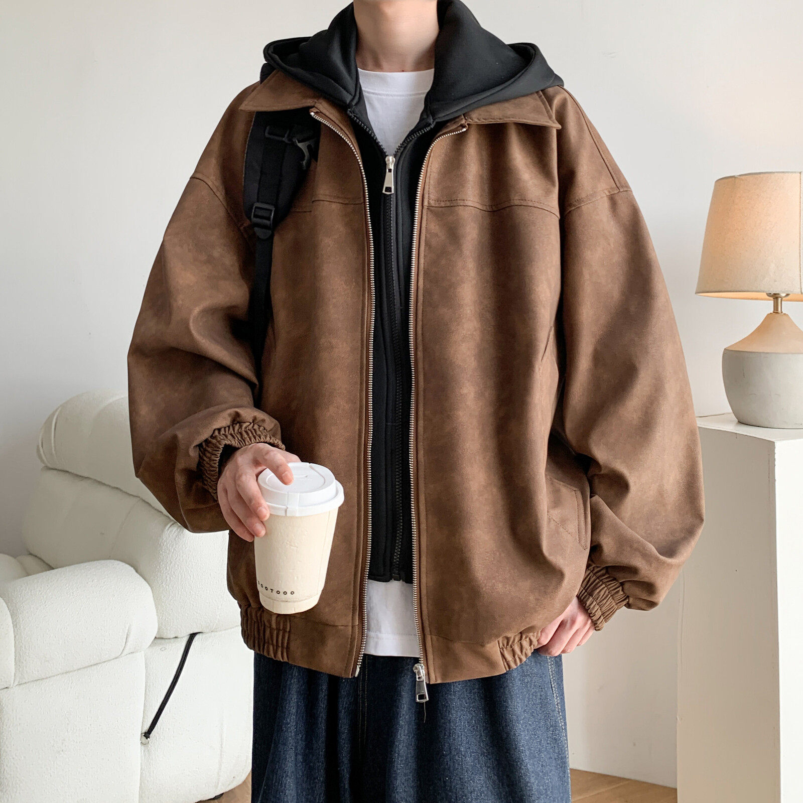 二开原创内景港风大码连帽假两件皮衣夹克外套男J876P98控158，男装夹克，电商A029