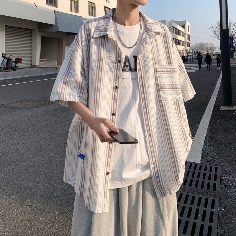夏季外景新款港风大码男士短袖衬衫条纹衬衫男C616P45控58,男装T恤,电商A029