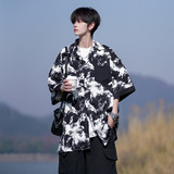 夏二开冰丝港风大码撞色复古短袖花衬衫花衬衣男C657P40控58，男装T恤，电商A029