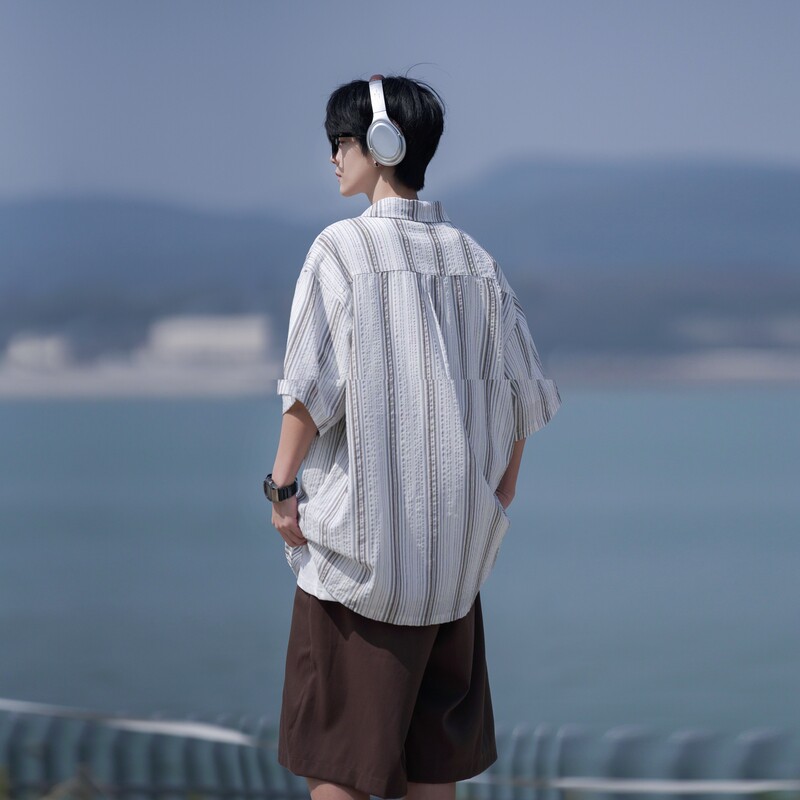 相机片新款港风大码男士短袖衬衫条纹衬衫男C616P45控58,男装T恤,电商A029