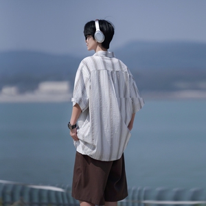 相机片新款港风大码男士短袖衬衫条纹衬衫男C616 P45 控58图片