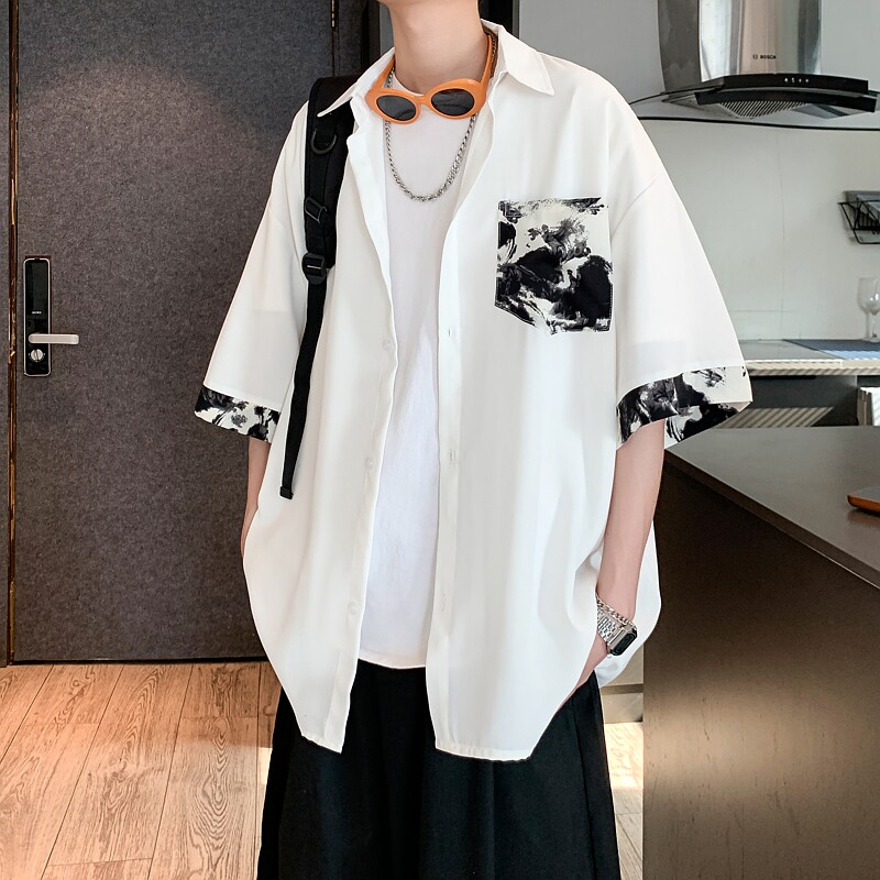 夏二开冰丝港风大码撞色复古花短袖衬衫花衬衣男C657P40控58,男装衬衫,电商A029