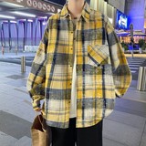 港风大码宽松印花风格格子长袖衬衫衬衣男C620P55控78，男装衬衫，电商A029