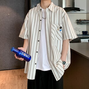 新款外景港风大码新款男士短袖衬衫条纹衬衫男C605 P45 控58图片