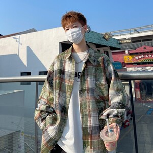 港风大码宽松印花风格格子长袖衬衫衬衣男C620 P55 控78图片