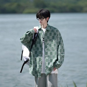 新款相機片牛仔風港風大碼印花格子長袖襯衫襯衣男 C623 P60 控88圖片