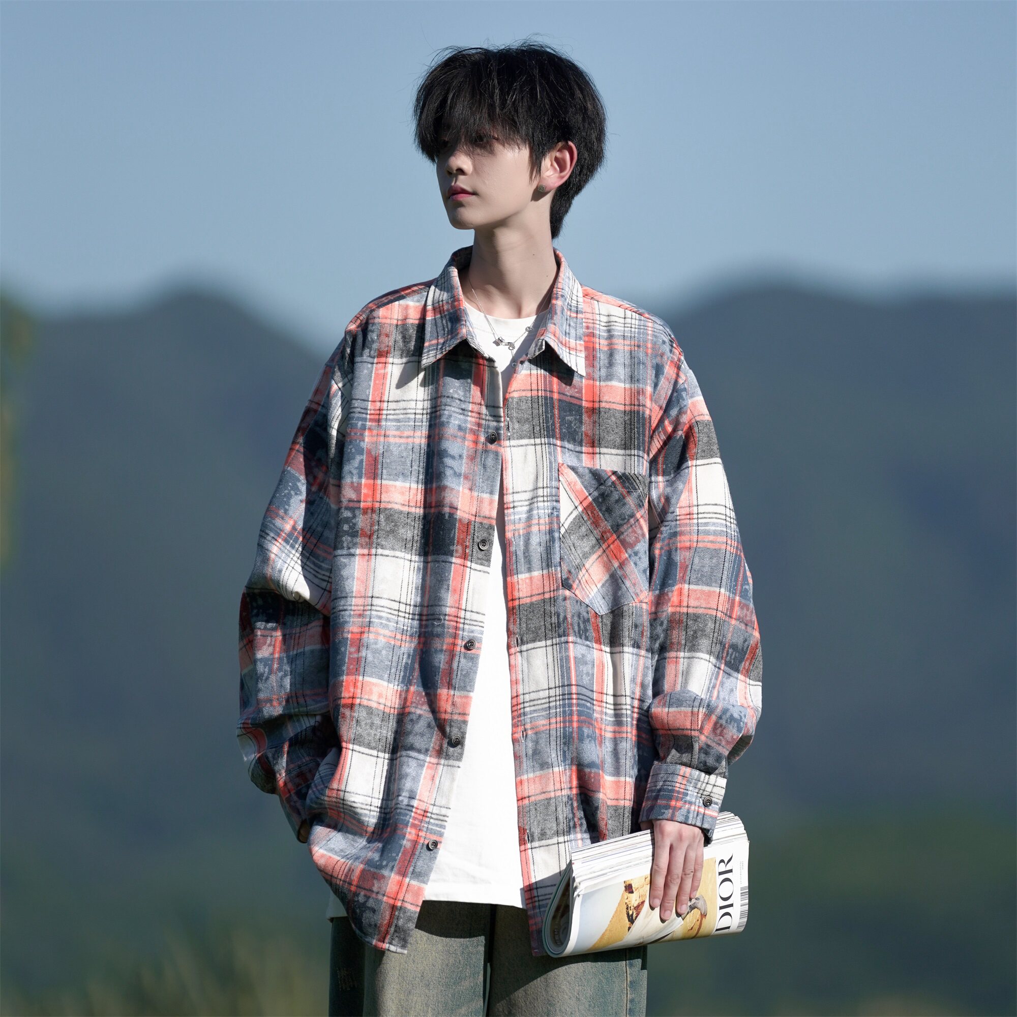 相机片高街时尚港风印花风格格子长袖衬衫衬衣男C620 P55 控78图片