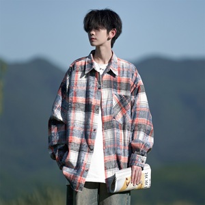 相机片高街时尚港风印花风格格子长袖衬衫衬衣男C620 P55 控78图片