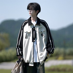 相机片原创大码宽松港风拼接翻领棒球服夹克外套男 J855 P98控138图片