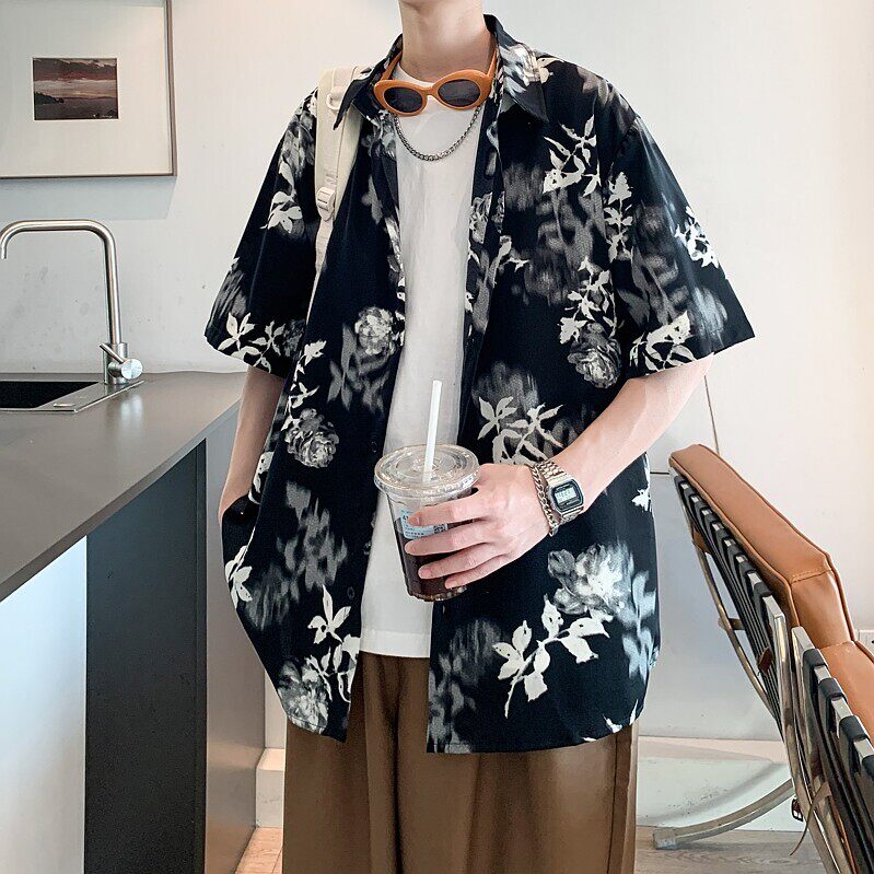 酒店风夏二开冰丝港风大码复古碎花衬衫花衬衣男C659P40控58，男装衬衫，电商A029