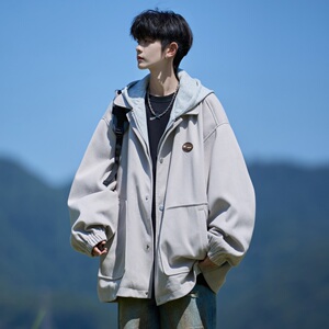 胖胖哥简约潮流假两件连帽夹克男秋季宽松大码休闲假两件外套上衣图片