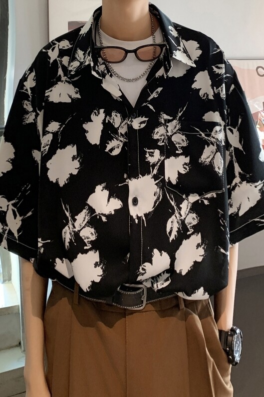 新款港风宽松男冰丝轻熟店主风痞帅短袖衬衫大码C612P40控58,男装T恤,电商A029