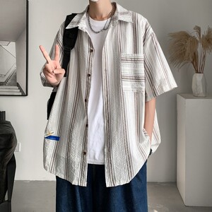 夏季新款港风大码士短袖衬衫条纹衬衫C616 P45 控58图片