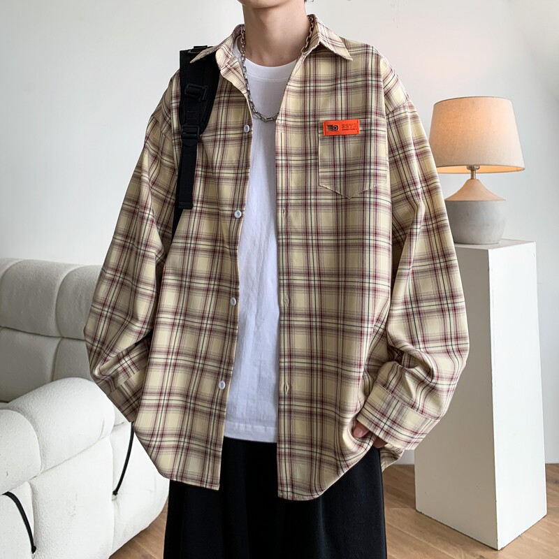 日系蓝色格子衬衫男款高级感痞帅长袖外套青少年古着vintage衬衣,男装衬衫,电商A029