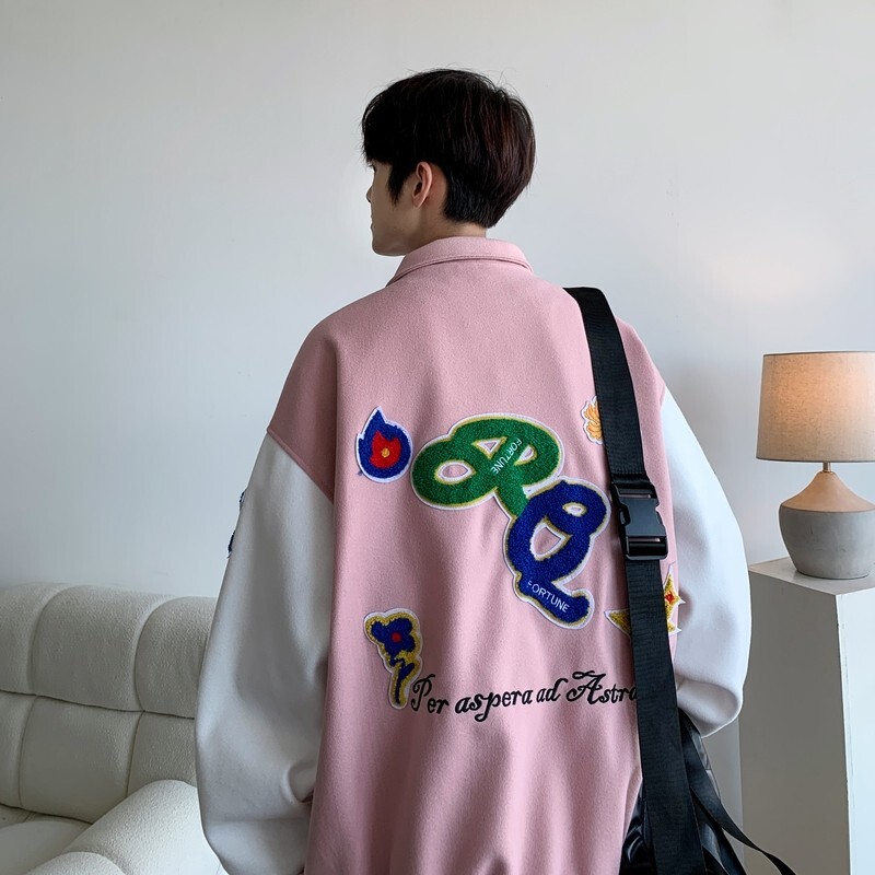 情侣新款大码宽松翻领贴标棒球服夹克外套港风男J835P98控138,男装夹克,电商A029