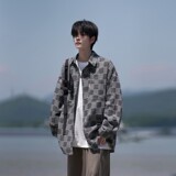 新款相机片牛仔风港风大码印花格子长袖衬衫衬衣男C623P60控88，男装衬衫，电商A029