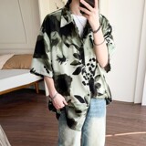 店主风夏冰丝二开港风大码复古碎花短袖衬衫花衬衣男C658P40控58，男装T恤，电商A029