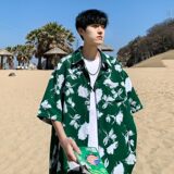 新款港风宽松男冰丝轻熟店主风痞帅短袖衬衫大码C612P40控58，男装T恤，电商A029
