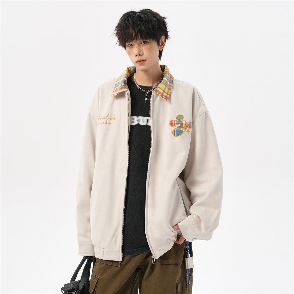 原创抖音无影墙港风大码绣花撞色夹克外套棒球服男J871P80控128，男装夹克，电商A029