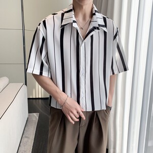 新款条纹男冰丝速干轻熟店主风痞帅短袖衬衫大码 C613 P40 控58图片