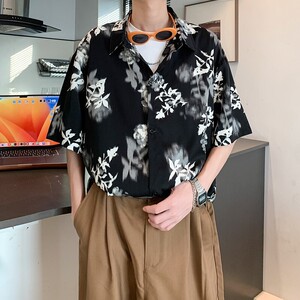酒店风夏二开冰丝港风大码复古碎花衬衫花衬衣男C659 P40控58图片