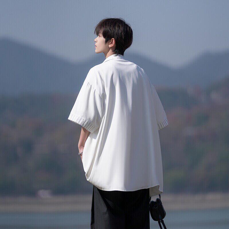 夏季二开港风大码冰丝拼接短袖衬衫纯色衬衣男C656P45控58,男装T恤,电商A029